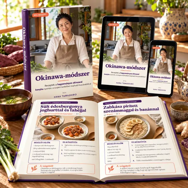 Az Okinawa-módszer könyv nyitva, tableten és telefonon